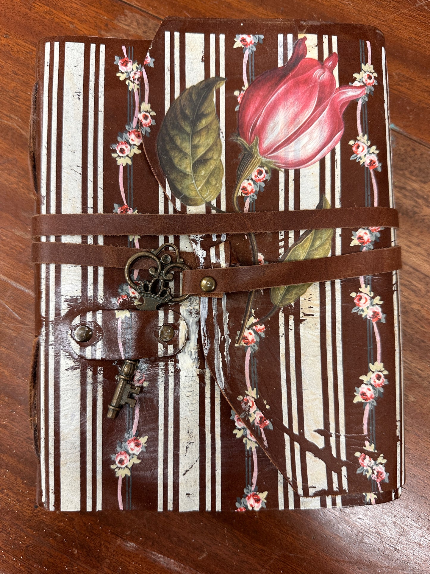 Hand painted Leather Art Journal Stripes and Tulip