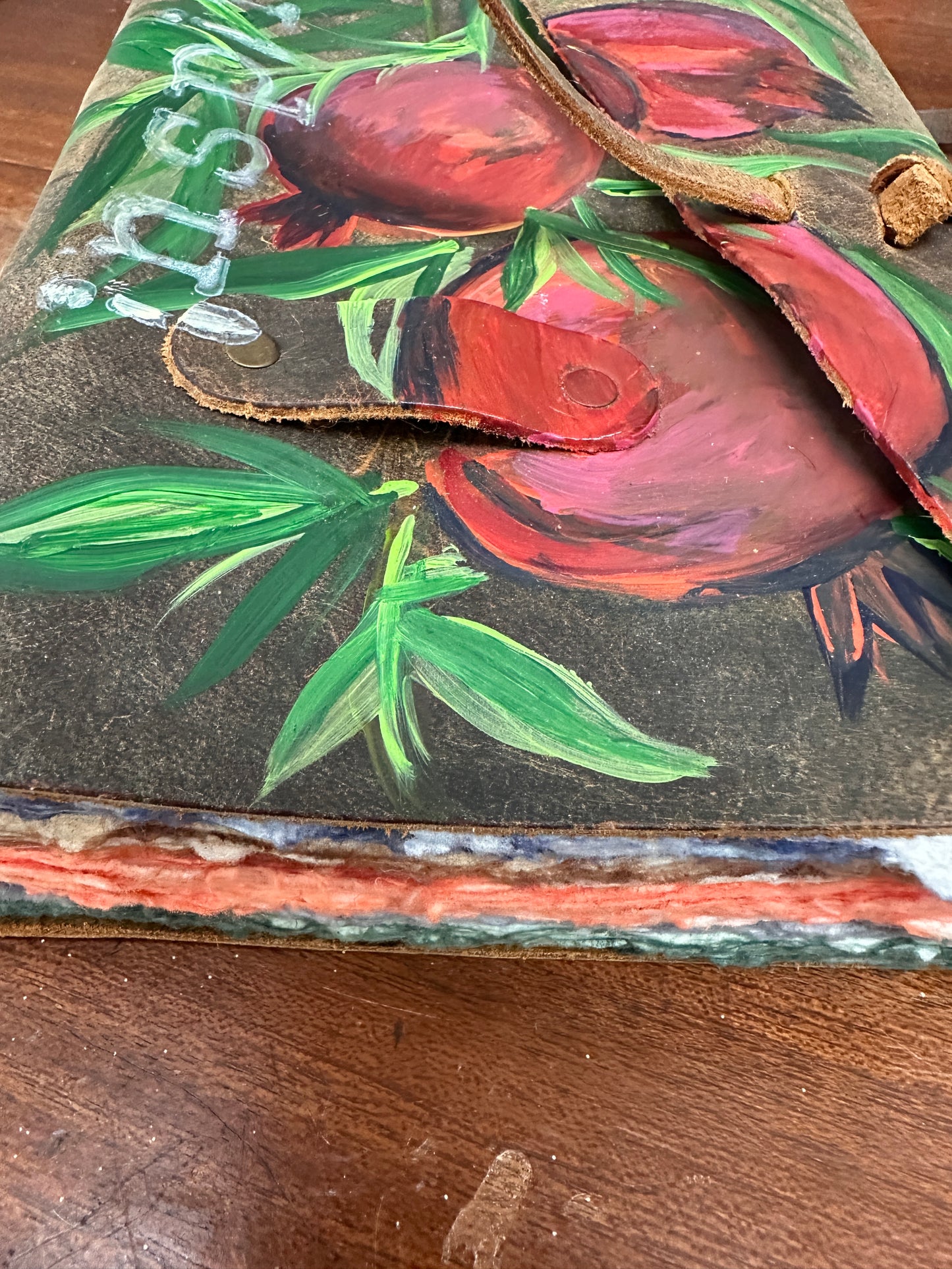 Hand painted Leather Art Journal Pomegranate and Inspire