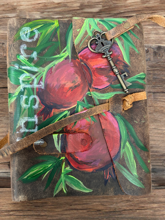 Hand painted Leather Art Journal Pomegranate and Inspire