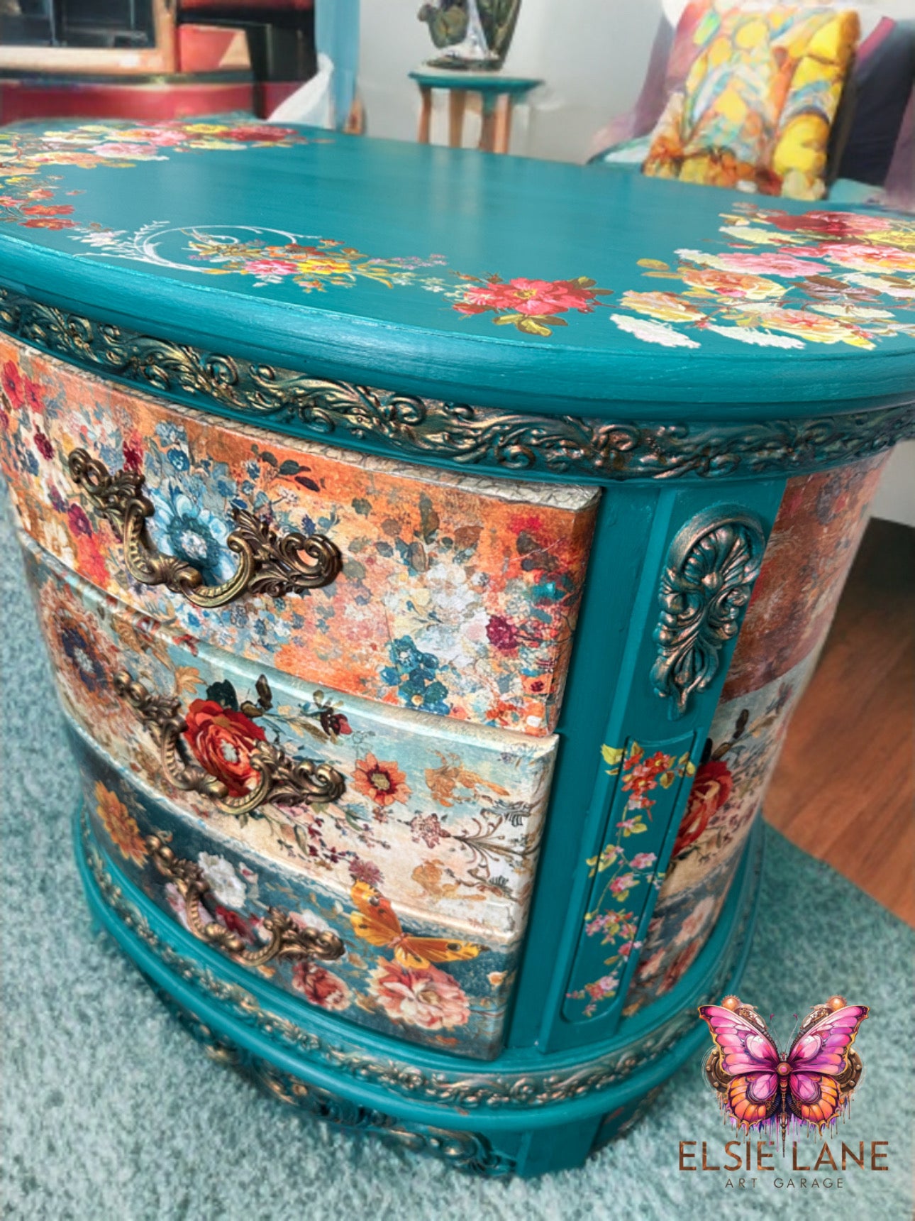 Two Drawer Boho Floral Statement Cabinet – One of a Kind