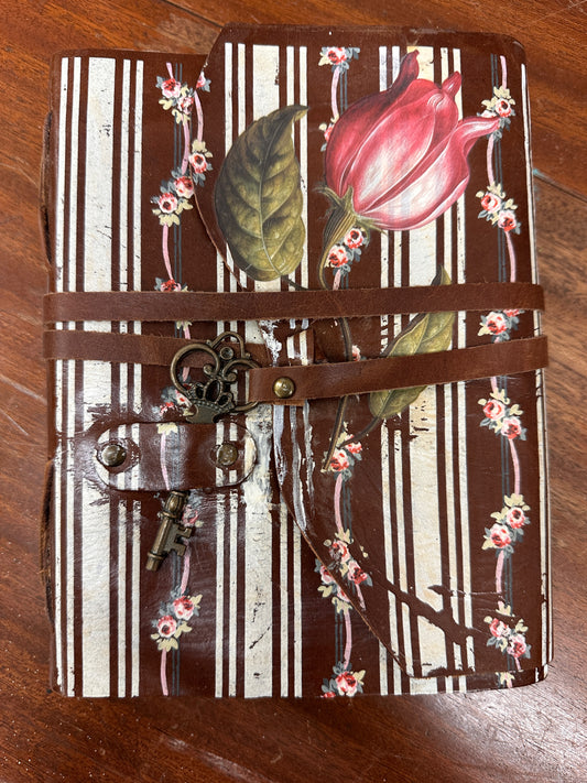 Hand painted Leather Art Journal Stripes and Tulip