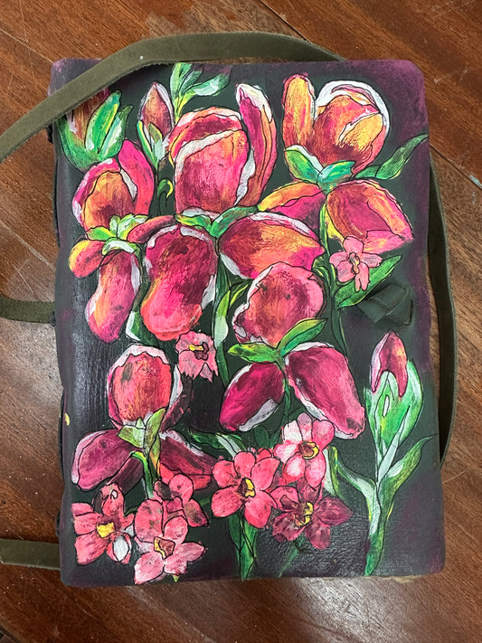 Hand painted Leather Art Journal Florals
