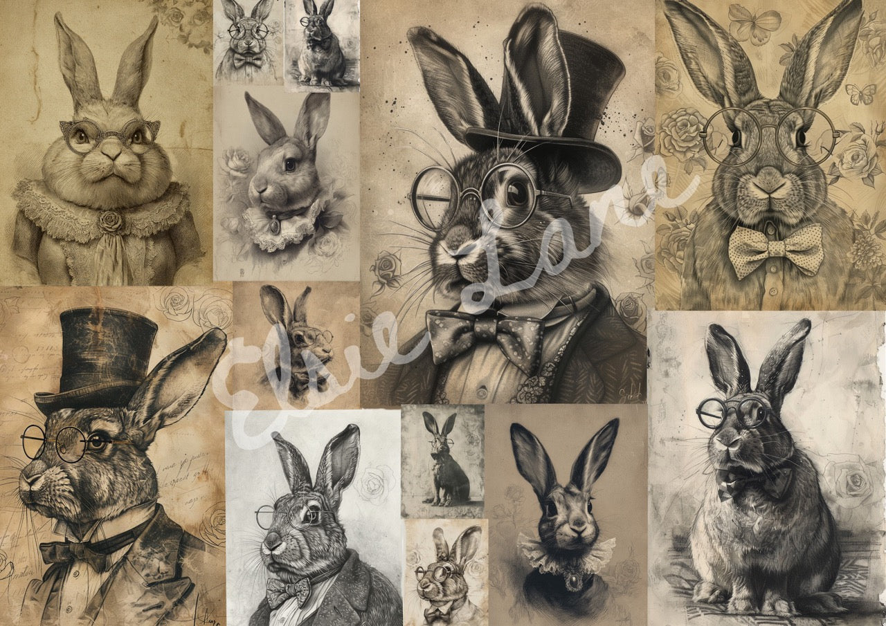 Collage of black and white illustrations of rabbits with decorative elements on a textured beige background.
