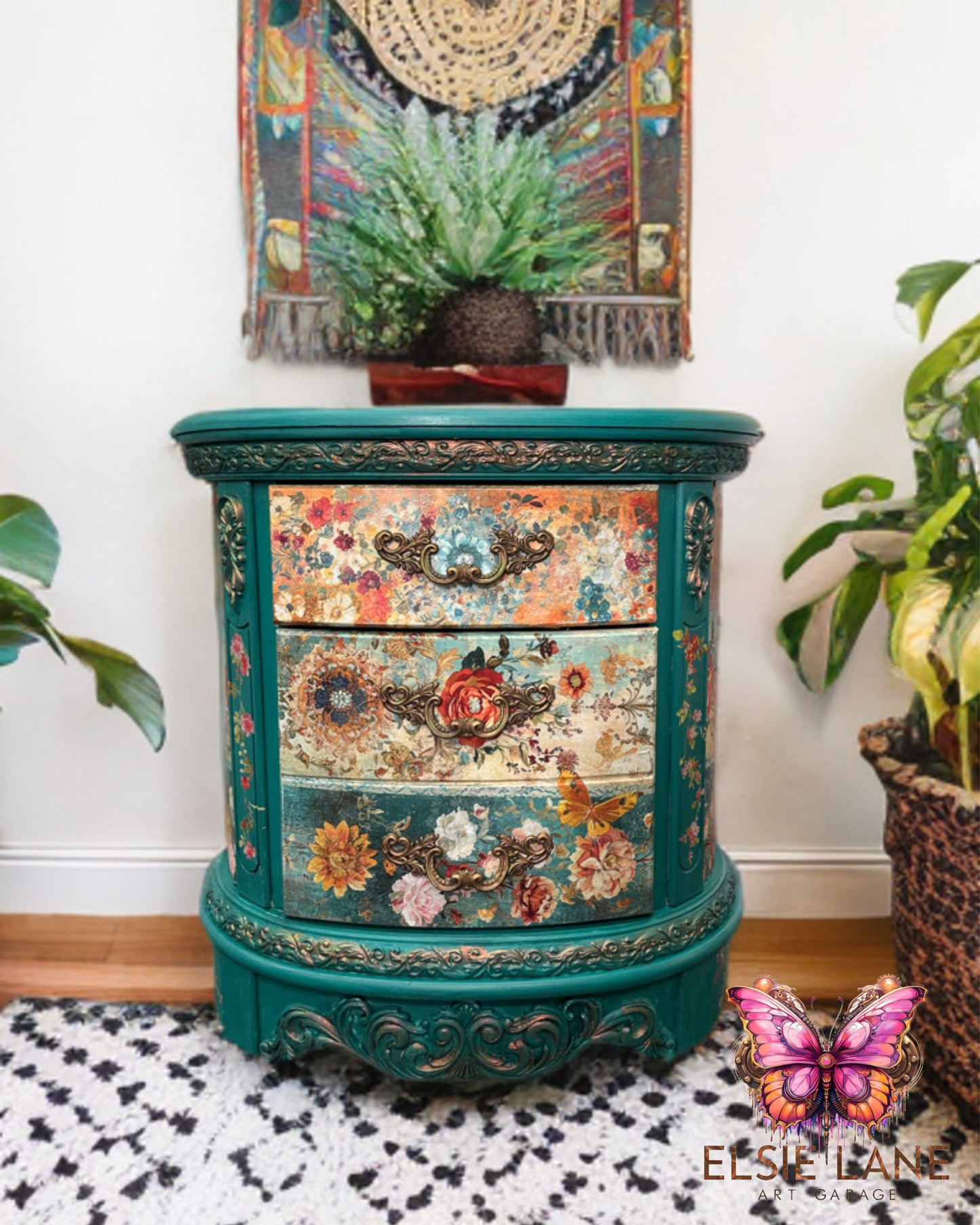 Two Drawer Boho Floral Statement Cabinet – One of a Kind